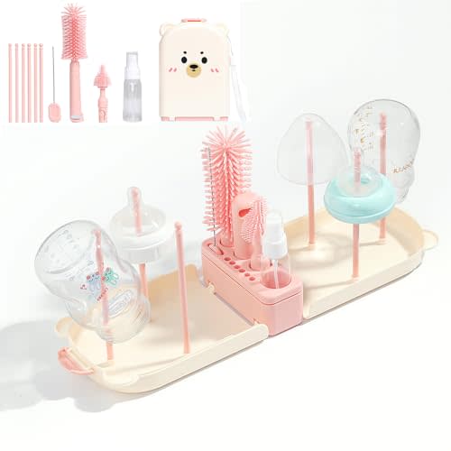 Onluckdeer 6 In1 Baby Bottle Brush Kit,Portable Silicone Bottle Brush Cleaner Set with Straw Brush,Nipple Brush,Drying Rack,Soap Dispenser,Storage Bag for Travel or Home,Stocking Stuffer(Pink)