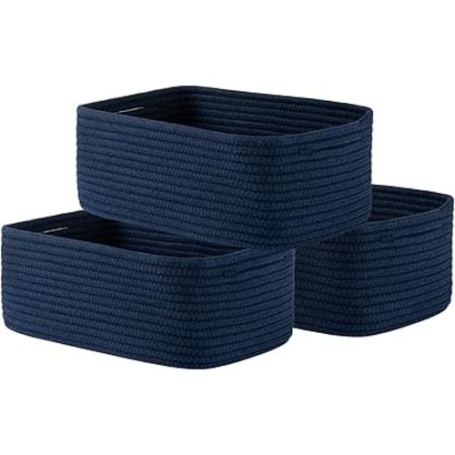 Small Woven Basket, 13.5 x 9.5 x 5 Inches, Storage Basket for Organizing, Cute Small Rope Shelf Closet Cube Storage Bins Baskets for Shelves, Dog Toy Gift Baskets Empty, 3 Packs, Navy Blue