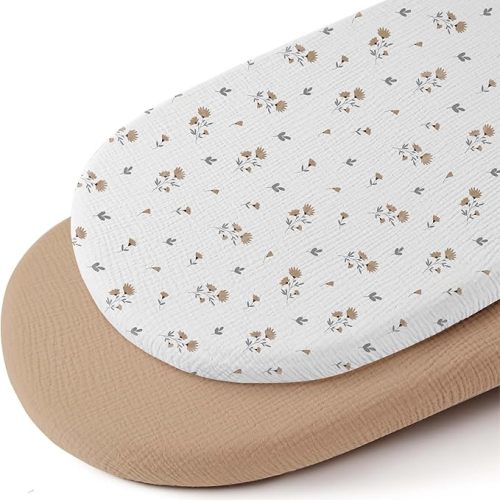 Mi Flor Muslin Bassinet Sheets – 16x32x4 Bassinet Mattress Sheets,2 Pack Cotton Bassinet Sheets for Boys & Girls,100% Cotton Crinkle Muslin, Fitted Bassinet Sheet for Oval, Rectangle & Hourglass