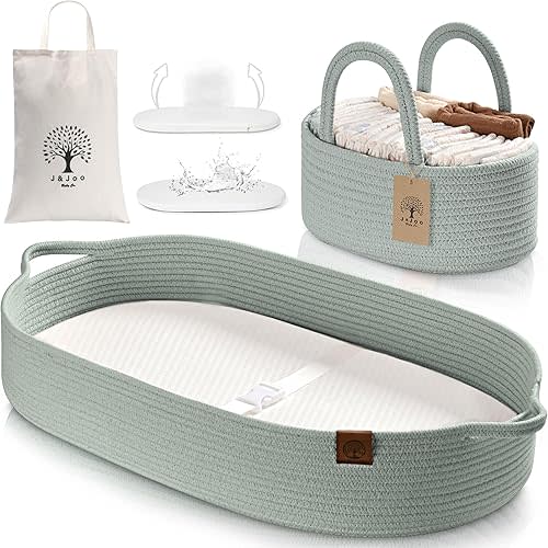 J&JOO Baby Changing Basket Includes Diaper Caddy - Portable, Breathable, Changing Table Topper, Changing Pad for Dresser, Cotton Rope Baby Basket, Baby Mat, Gift for Baby Shower