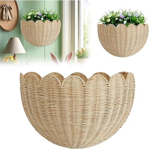 Scallop Wall Basket, Hand-Woven Wicker Basket, Wall-Hanging Storage Frame, Key Storage Shelf for Household Toys and Sundries, Wall Hanging Flowers Plant Decorative Basket (Khaki(1PC))