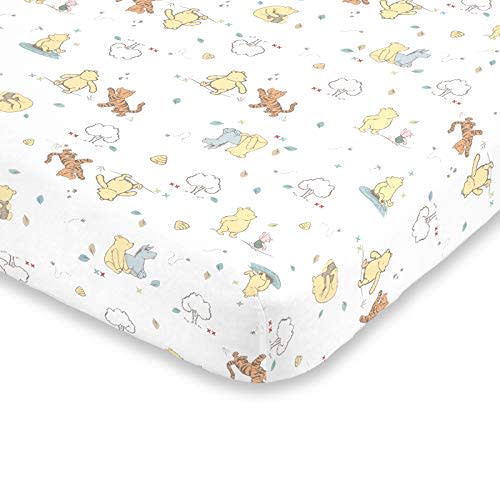 Disney Winnie The Pooh Classic Pooh 100% Cotton Fitted Mini Crib Sheet, Ivory, Butter, Aqua, Orange , 38x24x6 Inch (Pack of 1)