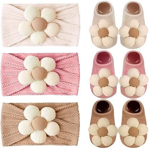 Baby Girl Headband and Socks, Non-Slip Floral Socks and Soft Floral Nylon Hairbands for Babies Infants and Toddlers