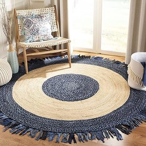 SAFAVIEH Cape Cod Collection Area Rug - 5' Round, Navy & Natural, Handmade Boho Fringe Jute & Cotton, Ideal for High Traffic Areas in Living Room, Bedroom (CAP701N)