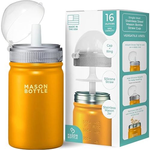 Mason Bottle Kids Mason Jar Cup with Lid and Straw - Stainless Steel Sippy Cup - BPA-Free, Spill Proof Toddler Tumbler - Regular-Mouth Mason Jar, Snack Cup, Smoothie Cup for Kids (Yellow)