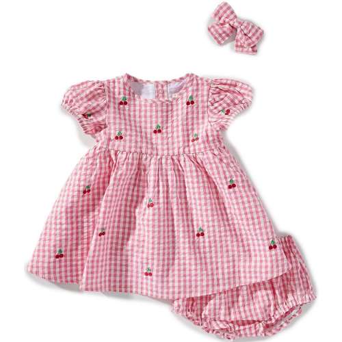 Adventurewear 360 Baby Girls Round Neck Short Sleeve Gingham Cherry Print Dress