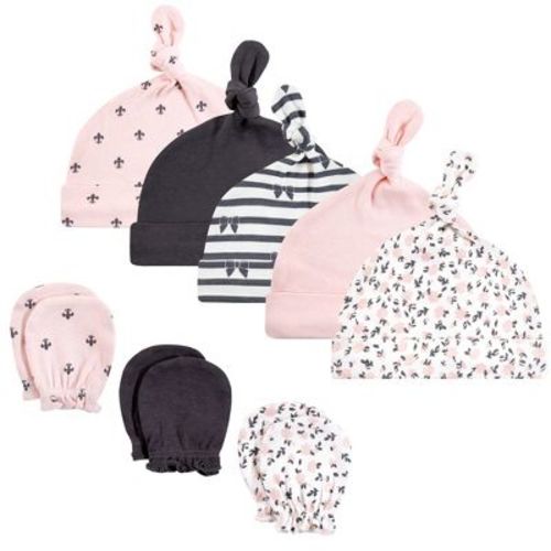 Hudson Baby Infant Girl Cotton Cap and Scratch Mitten Set, Berry Floral, 0-6 Months
