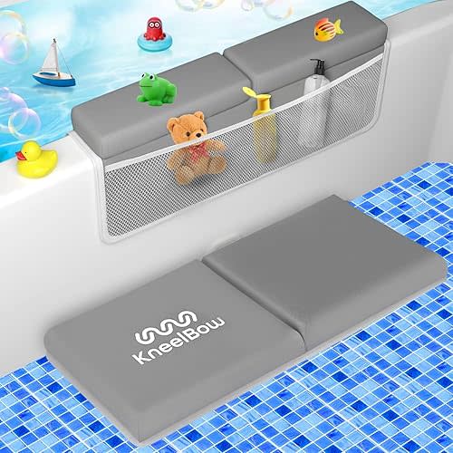 Baby Bath Kneeler and Elbow Rest Pad 2 Pieces Set with 3 Spacious Pocket to Organize Baby Acessories, 1.5" Thick Non-Slip, Soft, Fast-Drying Foldable Toddler Bath (Grey)