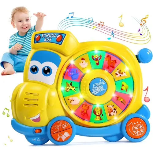 English Spanish Bilingual Learning Baby Toys 6 12 18 Months, Musical Educational Toys for Toddler 1-3, Spin Interactive School Bus Toys 1+ Year Old Boys Girls Kids Birthday