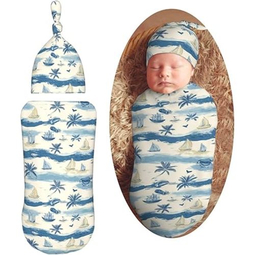 Watercolor Beach and Tree Newborn Swaddle Blankets Hat Sets Soft Baby Receiving Blanket Swaddle Sack for Baby Shower Infant Boy Girl Gift