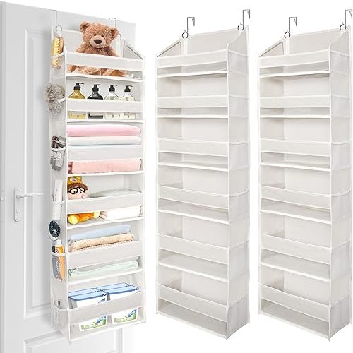 ULG 2 Pack Over The Door Organizer with 6 Large Pockets 12 Side Pockets, 50lbs Weight Capacity Door Hanging Organizer for Bedroom, Bathroom, Pantry, Nursery Storage, Beige