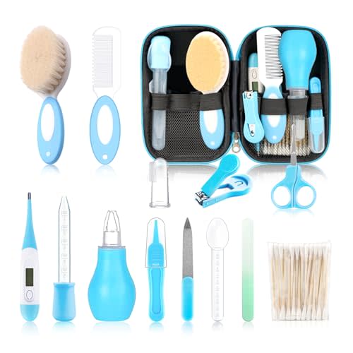 Baby Grooming Kit,Infant Safety Care Setwith Hair Brush Comb Nail Clipper Nasal Aspirator, Baby Essentials Kit for Newborn Girls Boys (14 PC-Blue Kit)