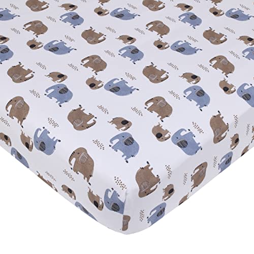 NoJo Carter's Blue Elephant - White and Tan Elephants Super Soft Fitted Crib Sheet