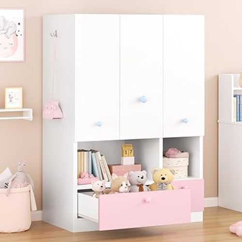 White Armoire Wardrobe Closet with Adjustable Storage Shelves and Drawers, Freestanding Wooden Wardrobe Cabinet Closet, Kids Bedroom Armoire with 3 Doors, Hanging Rod, Toy Storage for Kids' Room, Dorm