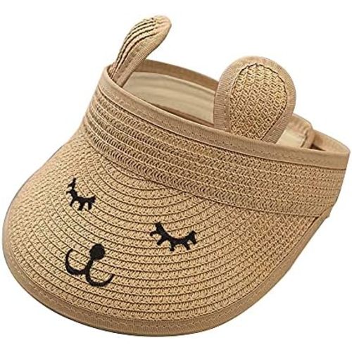 Baby Roll-up Straw Visor Hat Sun Hat, Kid Toddler Wide Brim Cute Bunny Ponytail Summer Beach Sun Hat Adjustable for 1-4 Years