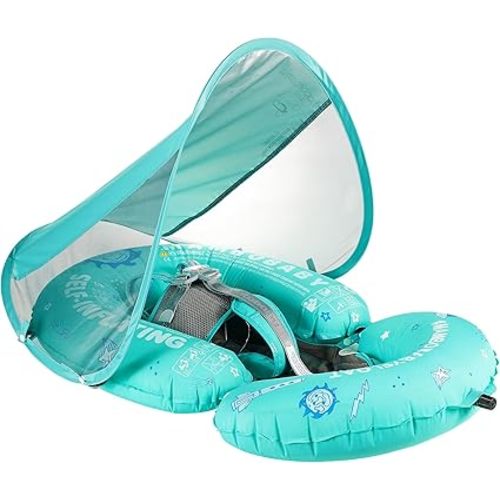 Mambobaby Baby Float Self-Inflating Baby Pool Float, AnjeeIOT Newest Compressible Pool Swim Float Infant Soft Solid Swimming Trainer, Baby Float with Removable UPF 50+ UV Sun Protection Canopy