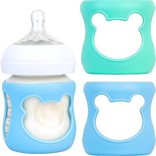 Silicone Baby Bottle Sleeves for Philips Avent Bottles, Anti Breakage Baby Bottle Holder for Avent Natural Glass Baby Bottles, Compatible with Avent Baby Bottle, 4oz, Pack of 2 (Blue/Turquoise)