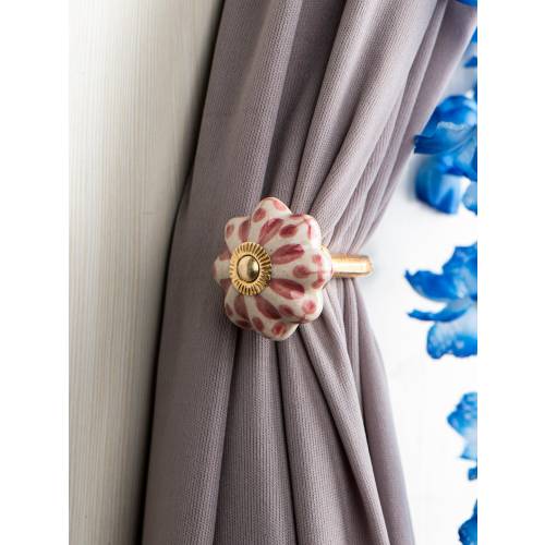 SET OF 2, SIZE/COLOR: Brass (5") | Handmade Ceramic Flower Curtain Tie Back: Maroon Rustic Decor