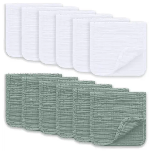 Muslin Burp Cloths Large 100% Cotton Hand Washcloths for Boys & Girls, Baby Essentials Extra Absorbent and Soft Burping Rags for Newborn Registry (White & Green, 12-Pack, 20" X10")