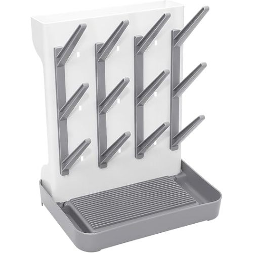 Baby Bottle Drying Rack, Vertical Space Saving Countertop Holder - Large Capacity for 12 Bottles, Pump Parts, Pacifiers, Brushes, Sippy Cups - BPA-Free, Baby Accessories Organizer - Grey