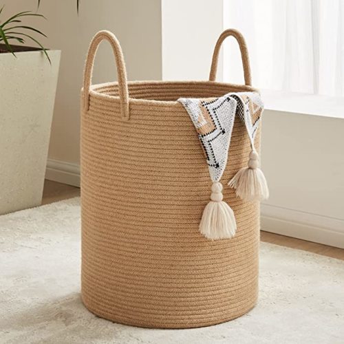 Jute Rope Laundry Hamper Basket, 58L Tall Laundry Basket for Blanket Storage, Large Baby Nursery Hamper for Laundry, Woven Clothes Hamper for Bedroom, Living Room - Brown Jute - Tall (58L)