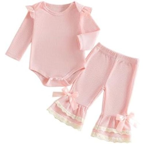 Baby Girl Fall Clothes Waffle Long Sleeve Romper and Ruffle Lace Hem Flare Pants 2 Piece Bell Bottoms Outfit