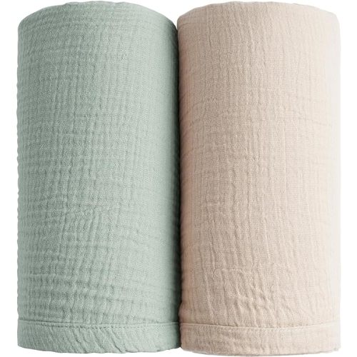Konssy 2 Pack Muslin Swaddle Blankets for Baby Boys Girls, Receiving Blanket Large 47 x 47 inches, Soft Breathable Muslin Baby Blanket for Unisex Newborn(Green, Cream)