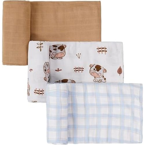 Muslin Swaddle Blankets, 3- Pack, Baby Cow + Blue Plaid Large Receiving Blankets 47" x 43", 70% Rayon Derived from Bamboo, 30% Cotton, Muslin Swaddles Wraps, Gift for Christmas