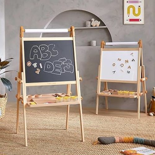 Tiny Land Easel for Kids, Double-Sided Magnetic Easel, Adjustable Wooden Kids Art Easel with Paper Roll, Learning-Toy for 3,4,5,6,7,8 Years Old Boy & Girls