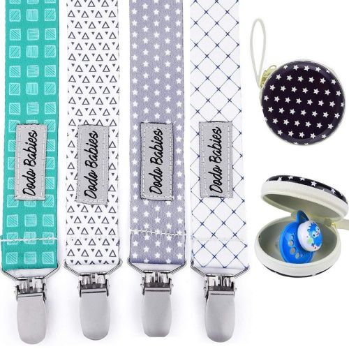 Dodo Babies Pacifier Clip Set - Four Clips Plus Binky Case - Universal Holder Fits Most Paci Brands, Teether Toys and Car Seats