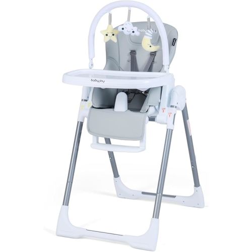 BABY JOY Foldable High Chair, Portable Highchairs for Babies and Toddlers with 7 Heights, 5 Recline Positions, Adjustable Foot Rest, Double Removable Tray & Built-in Wheels (Light Gray)