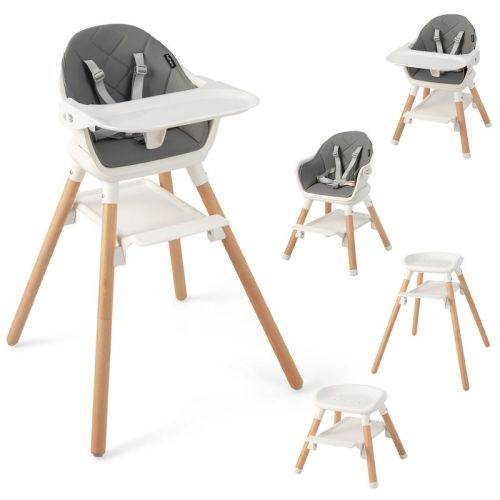 Costway 6-in-1 Convertible Wooden Baby Highchair Infant Feeding Chair with Removable Tray Black/Grey/Pink/White, Color: White