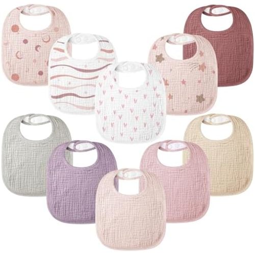 100% Cotton Muslin Baby Bibs 10-Pack Baby Drool Bibs for Unisex Baby Toddlers Infant Newborns Drooling and Teething
