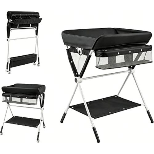HONEY JOY Changing Table, Folding Mobile Nursery Organizer w/Wheels, Adjustable Height, Storage Bag & Open Shelf, Portable Diaper Changing Station for Newborn Infant (Black, 32"x26"x39.5")
