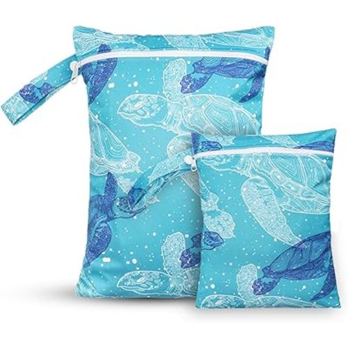 2 Pcs Wet Bags Waterproof Reusable Zippered Pocket Cloth Diaper Wet Dry Bags for Travel Beach Pool Swim, Baby Diapers,Gym Yoga Wet Clothes,Swimsuit,water wipes(Blue turtle)