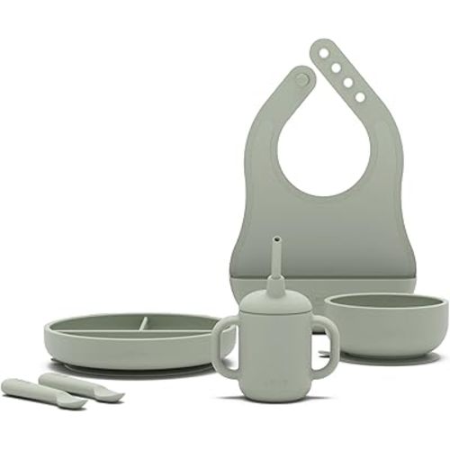 Lalo First Bites Silicone Baby Feeding Set - Baby Led Weaning Supplies - Non-Toxic Silicone - Includes 1 Bib, 2 Spoons, Training Cup, Suction Plate and Bowl - 6 Pieces - Sage