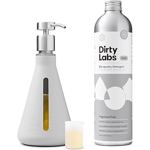 Dirty Labs | Bio-Liquid Laundry Detergent Refill & Pump Set | Free & Clear | 80 Loads (21.6 fl oz) & Pump | Hyper-Concentrated | High Efficiency & Standard Machine Washing | Nontoxic, Biodegradable