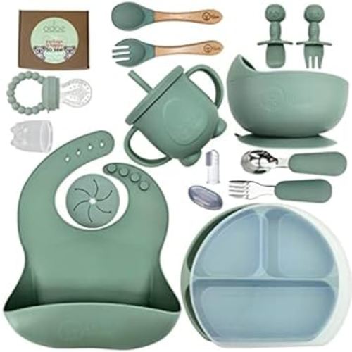 O'doe 17-Pcs Silicone Baby Feeding Set – Baby Led Weaning Supplies With Suction Plates For Toddlers, Baby Plates and Bowls Set | Green V2