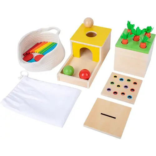 Adena Montessori 4 in 1 Wooden Play Kit Baby Toys,Object Permanence Box,Matchstick Color Drop Game,Carrot Harvest and Coin Box,Ball Drop Toy for Kid 1,2,3 Year Old,Girl Boy Gift for Baby 6-12 Month
