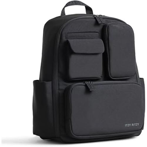 Itzy Ritzy Utility Diaper Bag Backpack, 17 Pockets w/Changing Pad (Black) | Travel-Ready Diaper Backpack with 2 Insulated Bottle Holders, Laptop Compartment, Trolley Sleeve, Straps, and Changing Pad