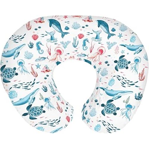 Cute Sea Animals Baby Nursing Pillow Covers for Boy Girl Turtle Whale Jellyfish Sea Horse Nursery Pillowcase for Breastfeeding Pillows Ocean Marine Soft Stretchy Slipcovers for Newborn Infant