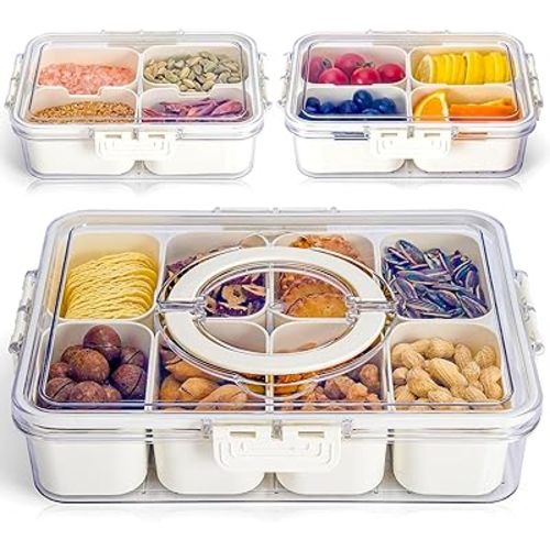 Divided Serving Tray with Lid and Handle - Snacklebox 3 Pcs Charcuterie Container for Portable Snack Platters & Storage Organizer for Fruits, Nuts, Candy, Snacks - Perfect for Travel and Entertaining