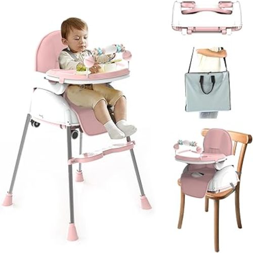5 in 1 Portable Baby High Chair with Carrying Bag and Removable Tray,Foldable Travel High Chair ，Infant Booster Seat，Portable and Easy to Clean.(Pink)