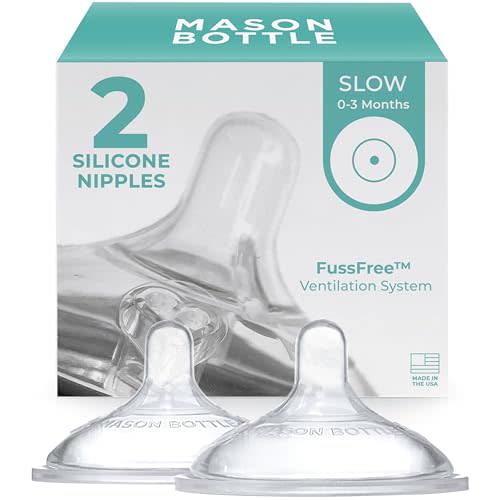 Mason Bottle Silicone Nipples: Slow Flow for 0-3 Months: Make a BPA Free Glass Baby Bottle Using Any Regular-Mouth Mason Jar, Non-Toxic, 100% Made in The USA (2 Pack)