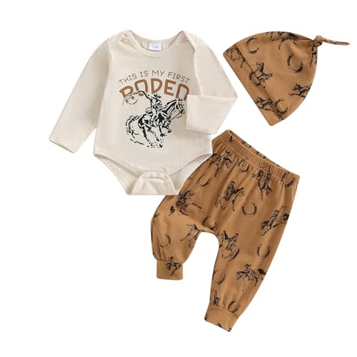Chloefairy Western Baby Boy Clothes Fall My First Rodeo Outfit Long Sleeve Romper Pants Set Hat 3Pcs Newborn Cowboy Outfits