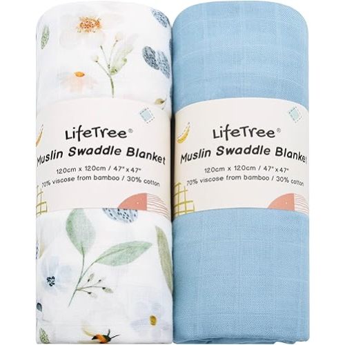 LifeTree Baby Swaddle Blanket, 70% Viscose from Bamboo and 30% Cotton Muslin Baby Blankets Unisex for Newborn, Super Soft Large 47" x 47", 2 Pack Floral and Blue Pattern