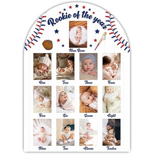 Rookie of The Year My First Year Photo Board, Baseball Baby Milestone Signs for Boys Girls Nursery Decor, 12 Month Wooden Picture Board for 2x3 Photos, Best Babies Keepsake Gifts-A08