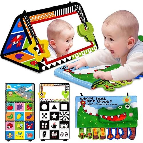 Tummy Time Baby Mirror Toys - Infant Toys Newborn 0 3 Months Brain Development with Soft Activity Book Teether - Black and White High Contrast Baby Toys 2 4 5 0-6 Babies Boy Girl Sensory Shower Gifts