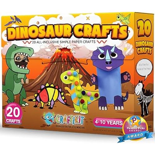 Craftikit® 20 Award-Winning Dinosaur Crafts for Kids - All-Inclusive Fun Dinosaur Crafts for Kids Ages 3-10 - Organized Toddler Craft Kit