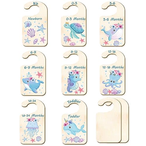 CRASPIRE 10Pcs Wood Baby Wardrobe Dividers Ocean Size Divider Closet Organizers Turtle Seahorse Clothes Whale Shell Nursery Decor from Newborn to 36 Month Hanger Baby Infant for Newborn Baby Shower